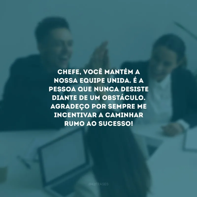 Chefe, você mantém a nossa equipe unida. É a pessoa que nunca desiste diante de um obstáculo. Agradeço por sempre me incentivar a caminhar rumo ao sucesso!