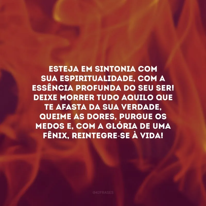 Esteja em sintonia com sua espiritualidade, com a essência profunda do seu ser! Deixe morrer tudo aquilo que te afasta da sua verdade, queime as dores, purgue os medos e, com a glória de uma fênix, reintegre-se à vida!
