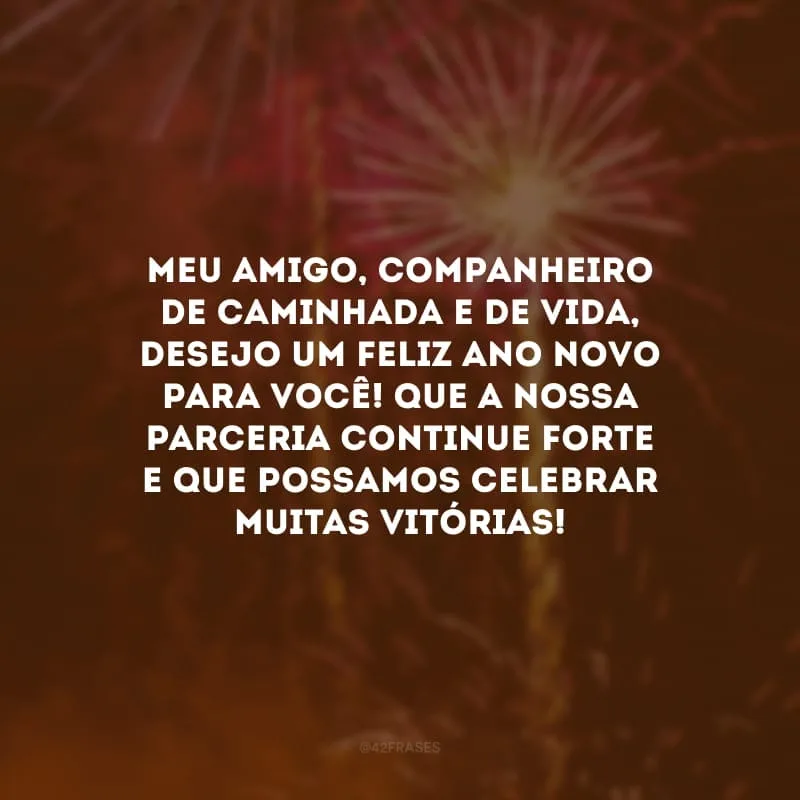 Meu amigo, companheiro de caminhada e de vida, desejo um feliz Ano Novo para você! Que a nossa parceria continue forte e que possamos celebrar  muitas vitórias! Sua amizade é importante para mim.