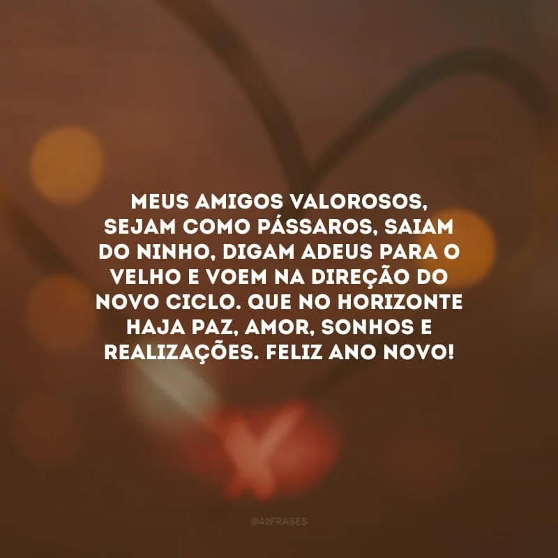 Meus amigos valorosos, sejam  como pássaros, saiam do ninho, digam adeus para o velho e voem na direção do novo ciclo. Que no horizonte haja paz, amor, sonhos e realizações. Feliz Ano Novo!