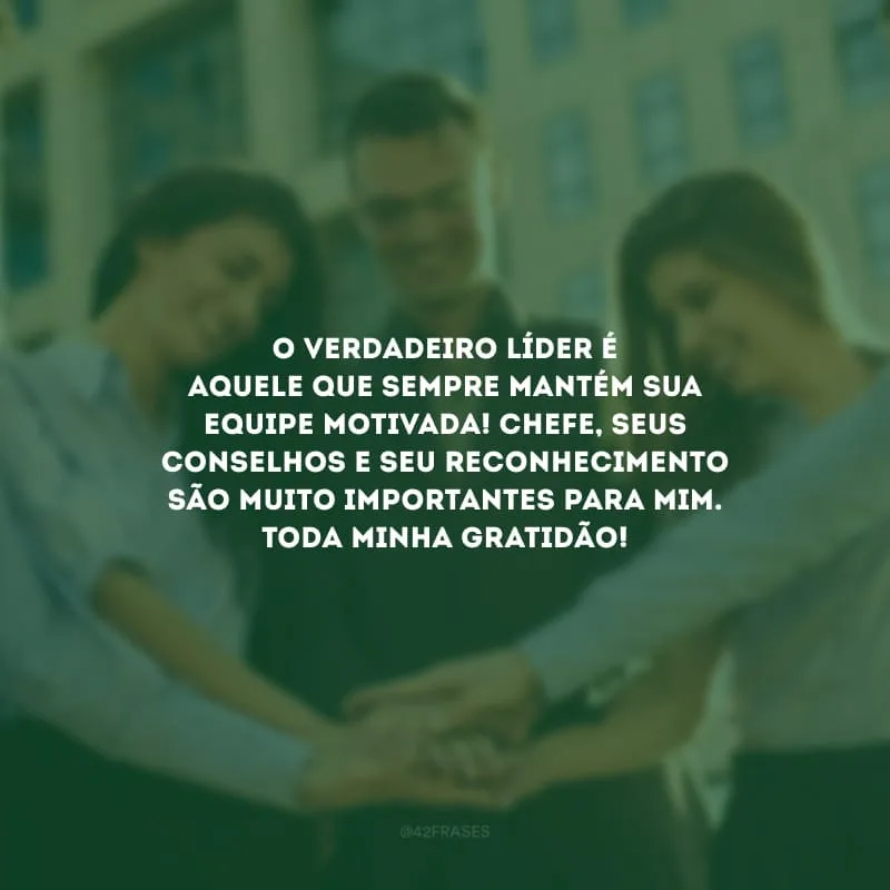 O verdadeiro líder é aquele que sempre mantém sua equipe motivada! Chefe, seus conselhos e seu reconhecimento são muito importantes para mim. Toda minha gratidão!