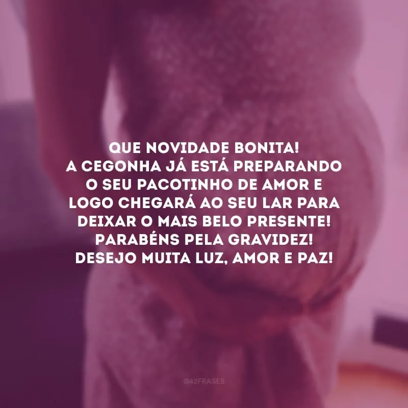 Que novidade bonita! A cegonha já está preparando o seu pacotinho de amor e logo chegará ao seu lar para deixar o mais belo presente! Parabéns pela gravidez! Desejo muita luz, amor e paz!