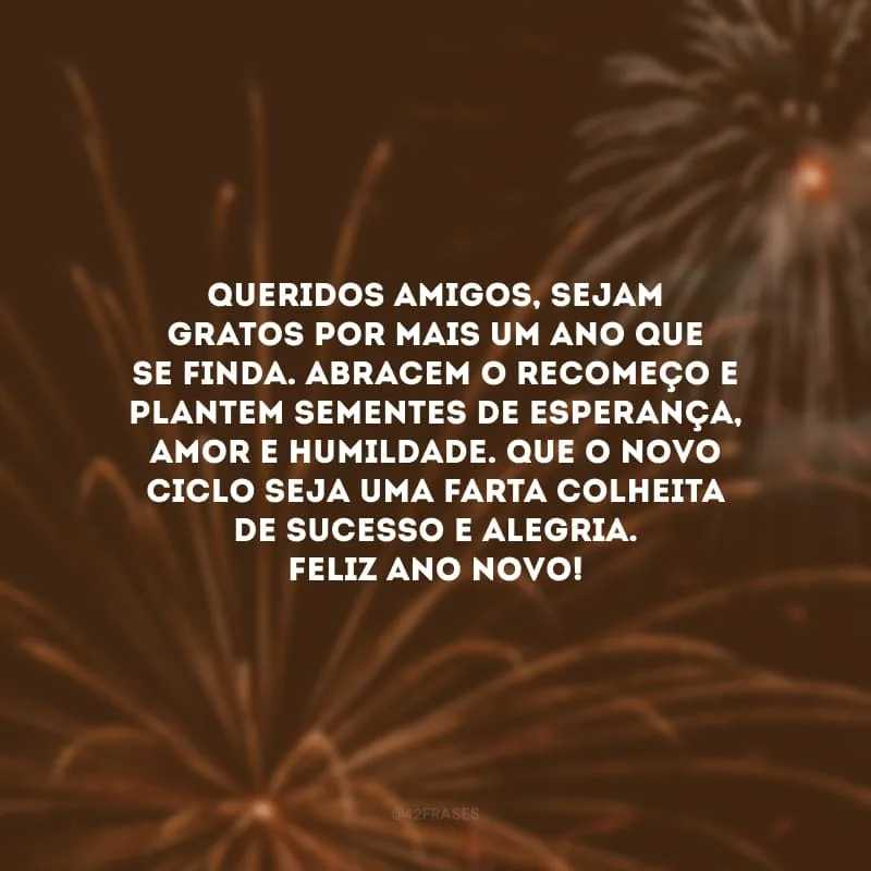 Queridos amigos, sejam gratos por mais um ano que se finda. Abracem o recomeço e plantem sementes de esperança, amor e humildade. Que o novo ciclo seja uma farta colheita de sucesso e alegria. Feliz Ano Novo!