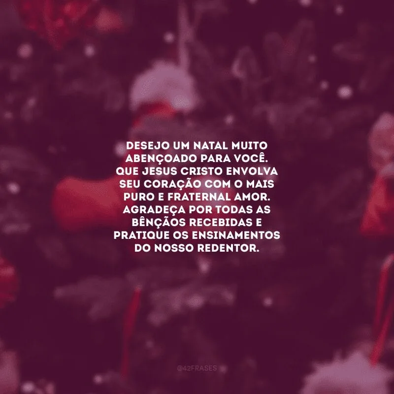 Desejo um Natal muito abençoado para você. Que Jesus Cristo envolva seu coração com o mais puro e fraternal amor. Agradeça por todas as bênçãos recebidas e pratique os ensinamentos do nosso Redentor.