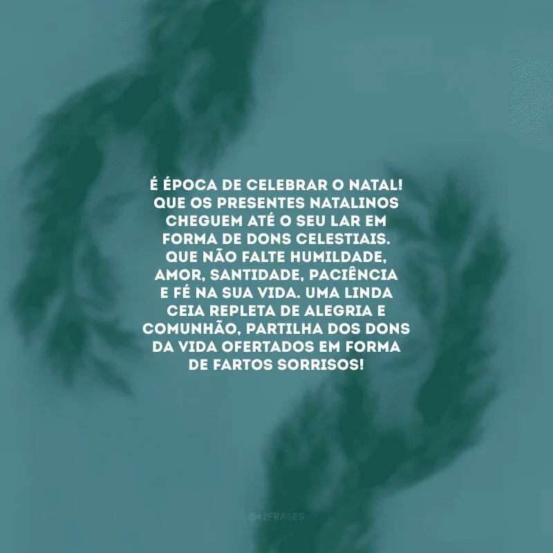 É época de celebrar o Natal! Que os presentes natalinos cheguem até o seu lar em forma de dons celestiais. Que não falte humildade, amor, santidade, paciência e fé na sua vida. Uma linda ceia repleta de alegria e comunhão, partilha dos dons da vida ofertados em forma de fartos sorrisos!