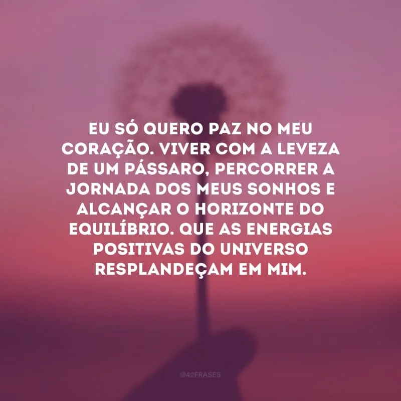 Eu só quero paz no meu coração. Viver com a leveza de um pássaro, percorrer a jornada dos meus sonhos e alcançar o horizonte do equilíbrio. Que as energias positivas do universo resplandeçam em mim.