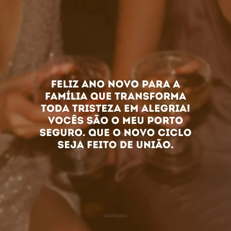 Feliz Ano Novo para a família que transforma toda tristeza em alegria! Vocês são o meu porto seguro. Que o novo ciclo seja feito de união. Que os abraços sejam multiplicados e os pesos compartilhados.