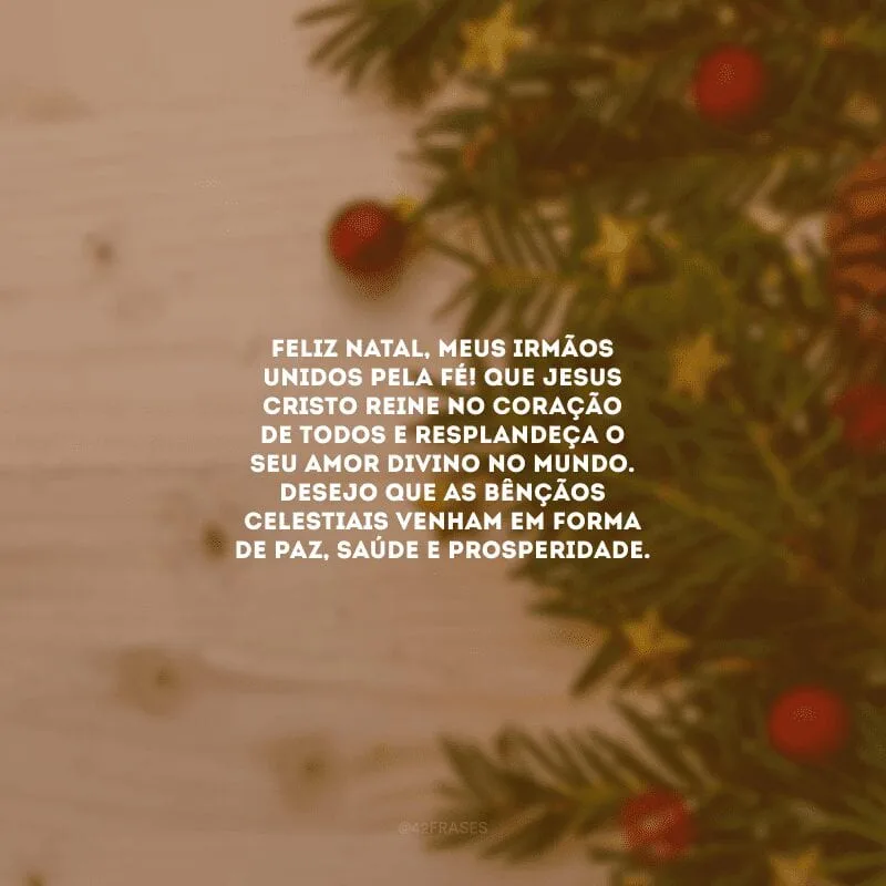 Feliz Natal, meus irmãos unidos pela fé! Que Jesus Cristo reine no coração de todos e resplandeça o seu amor divino no mundo. Desejo que as bênçãos celestiais venham em forma de paz, saúde e prosperidade.