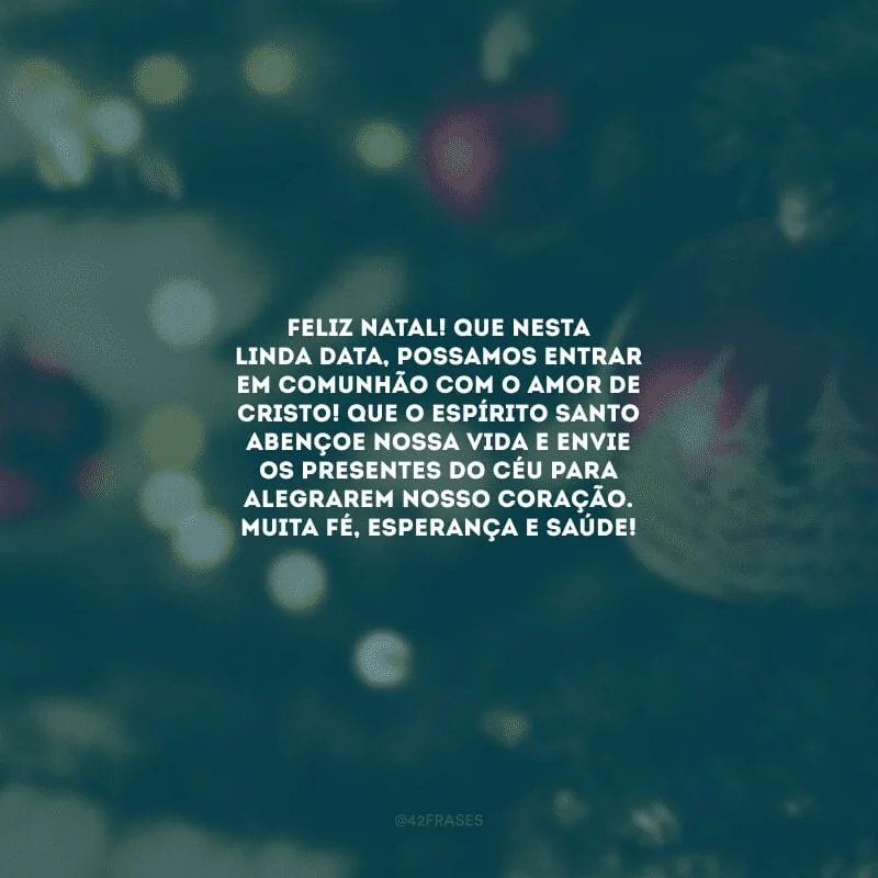 Feliz Natal! Que nesta linda data, possamos entrar em comunhão com o amor de Cristo! Que o Espírito Santo abençoe nossa vida e envie os presentes do Céu para alegrarem nosso coração. Muita fé, esperança e saúde!