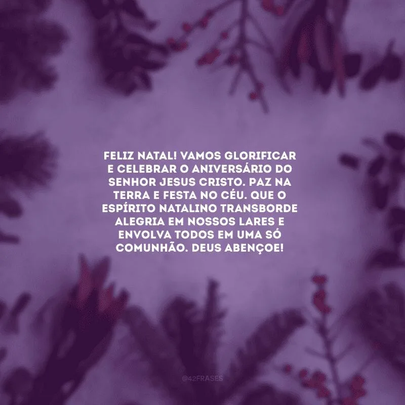 Feliz Natal! Vamos glorificar e celebrar o aniversário do Senhor Jesus Cristo. Paz na terra e festa no Céu. Que o espírito natalino transborde alegria em nossos lares e envolva todos em uma só comunhão. Deus abençoe!
