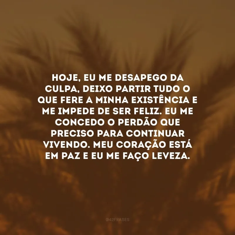 Hoje, eu me desapego da culpa, deixo partir tudo o que fere a minha existência e me impede de ser feliz. Eu me concedo o perdão que preciso para continuar vivendo. Meu coração está em paz e eu me faço leveza.
