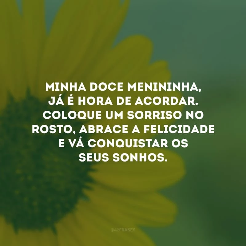 Minha doce menininha, já é hora de acordar. Coloque um sorriso no rosto, abrace a felicidade e vá conquistar os seus sonhos. Para o que precisar, meu colo é todo seu. Tenha um bom dia!