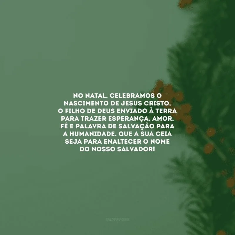 No Natal, celebramos o nascimento de Jesus Cristo, o filho de Deus enviado à terra para trazer esperança, amor, fé e palavra de salvação para a humanidade. Que a sua ceia seja para enaltecer o nome do nosso Salvador!