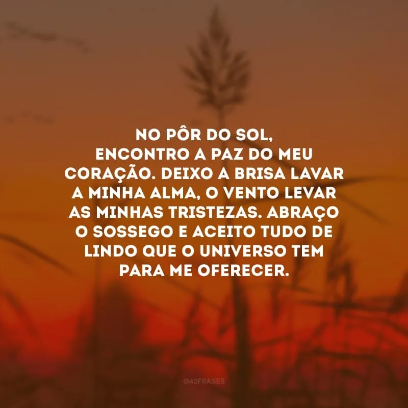 No pôr do sol, encontro a paz do meu coração. Deixo a brisa lavar a minha alma, o vento levar as minhas tristezas. Abraço o sossego e aceito tudo de lindo que o universo tem para me oferecer.