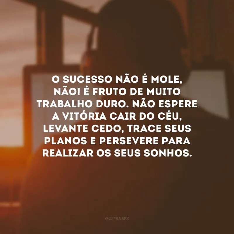 O sucesso não é mole, não! É fruto de muito trabalho duro. Não espere a vitória cair do céu, levante cedo, trace seus planos e persevere para realizar os seus sonhos.