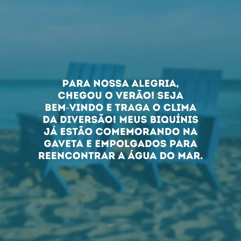 Para nossa alegria, chegou o verão! Seja bem-vindo e traga o clima da diversão! Meus biquínis já estão comemorando na gaveta e empolgados para reencontrar a água do mar.