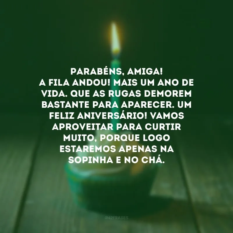 Parabéns, amiga! A fila andou! Mais um ano de vida. Que as rugas demorem bastante para aparecer. Um feliz aniversário! Vamos aproveitar para curtir muito, porque logo estaremos apenas na sopinha e no chá.