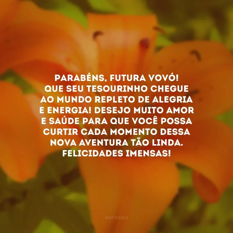 Parabéns, futura vovó! Que seu tesourinho chegue ao mundo repleto de alegria e energia! Desejo muito amor e saúde para que você possa curtir cada momento dessa nova aventura tão linda. Felicidades imensas!