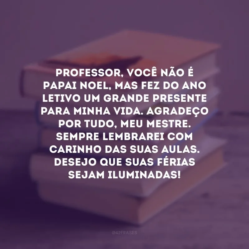 Professor, você não é Papai Noel, mas fez do ano letivo um grande presente para minha vida. Agradeço por tudo, meu mestre. Sempre lembrarei com carinho das suas aulas. Desejo que suas férias sejam iluminadas!