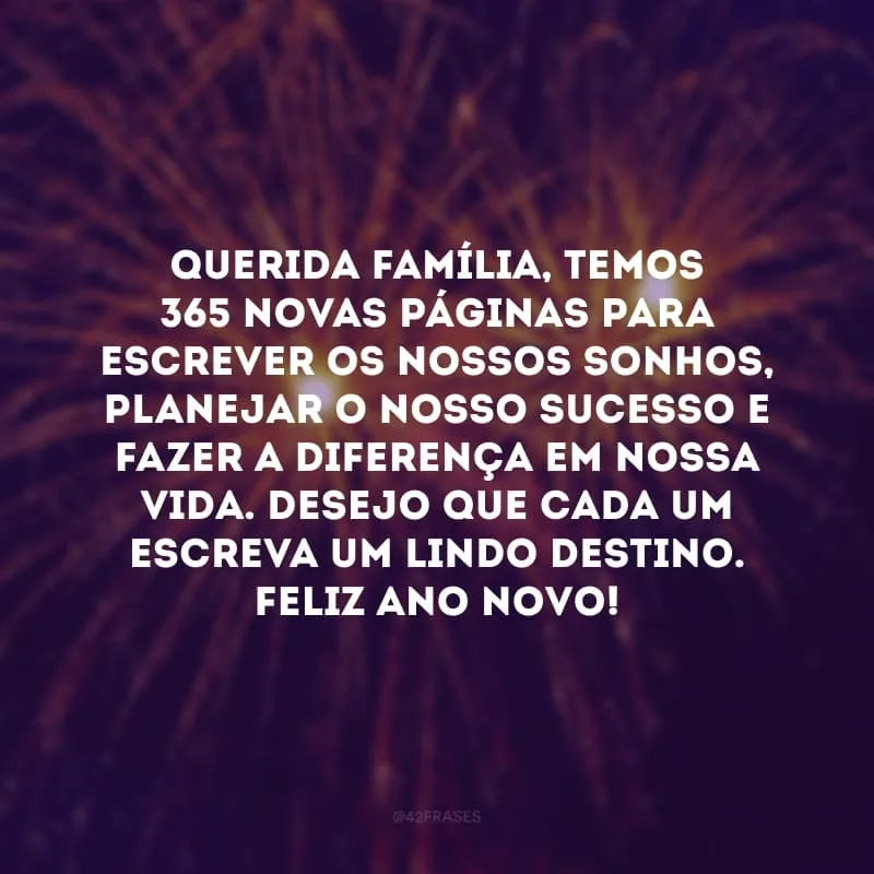 Querida família, temos 365 novas páginas para escrever os nossos sonhos, planejar o nosso sucesso e fazer a diferença em nossa vida. Desejo que cada um escreva um lindo destino. Feliz Ano Novo!