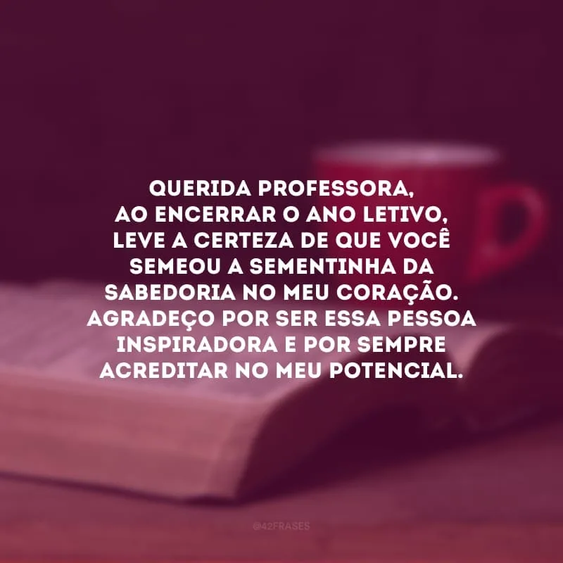 Querida professora, ao encerrar o ano letivo, leve a certeza de que você semeou a sementinha da sabedoria no meu coração. Agradeço por ser essa pessoa inspiradora e por sempre acreditar no meu potencial.