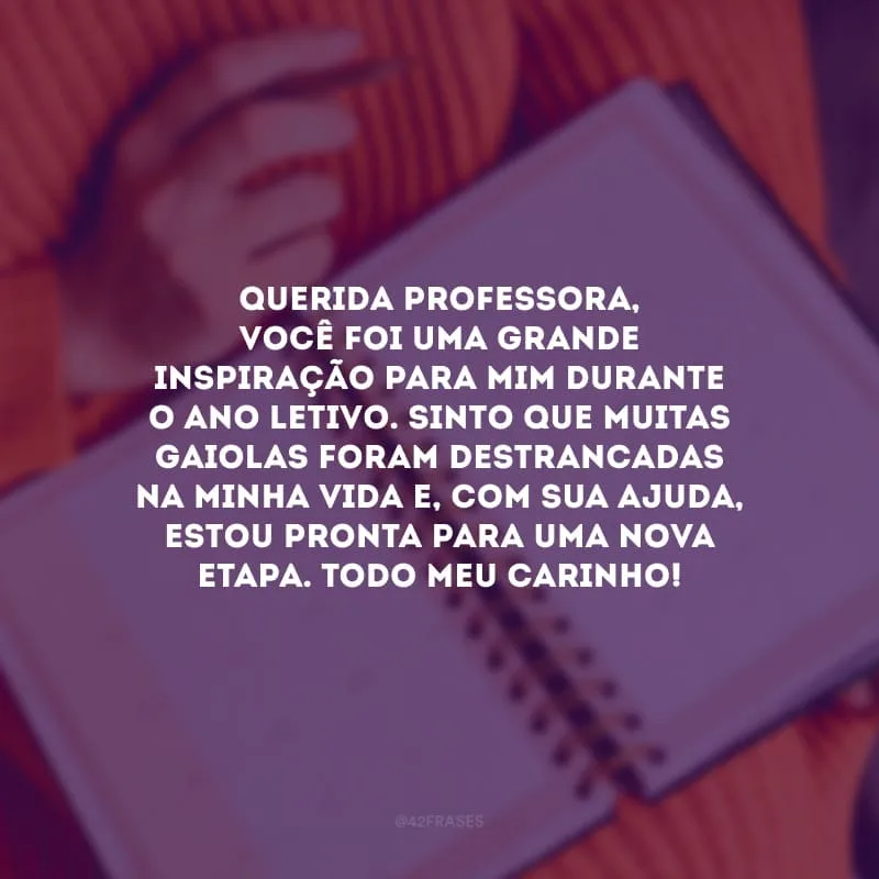 Querida professora, você foi uma grande inspiração para mim durante o ano letivo. Sinto que muitas gaiolas foram destrancadas na minha vida e, com sua ajuda, estou pronta para uma nova etapa. Todo meu carinho!