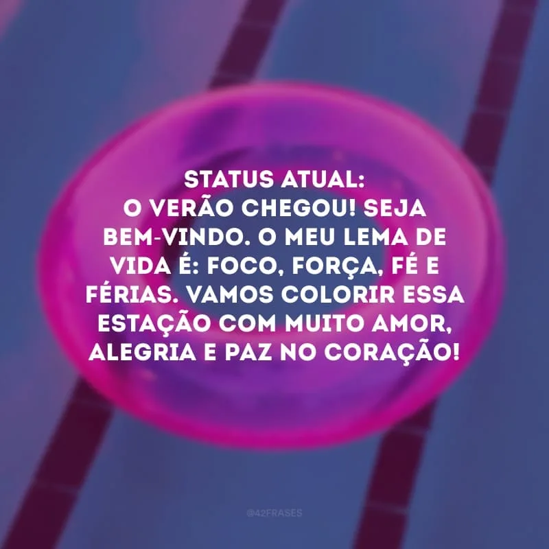 Status atual: o verão chegou! Seja bem-vindo. O meu lema de vida é: foco, força, fé e férias. Vamos colorir essa estação com muito amor, alegria e paz no coração!