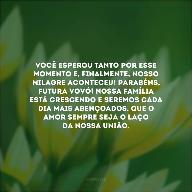 Você esperou tanto por esse momento e, finalmente, nosso milagre aconteceu! Parabéns, futura vovó! Nossa família está crescendo e seremos cada dia mais abençoados. Que o amor sempre seja o laço da nossa união.