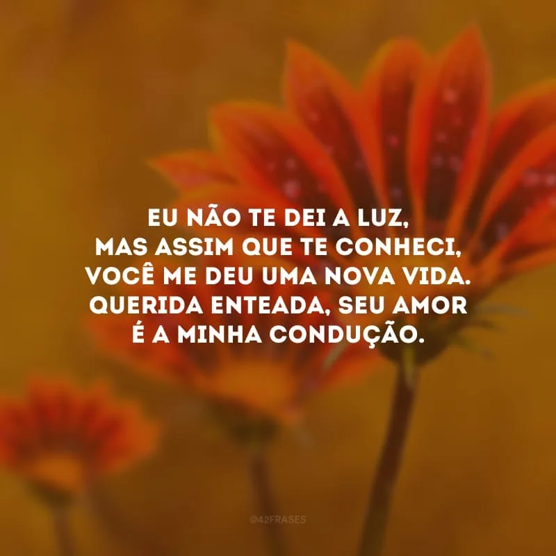 Eu não te dei a luz, mas assim que te conheci, você me deu uma nova vida. Querida enteada, seu amor é a minha condução.