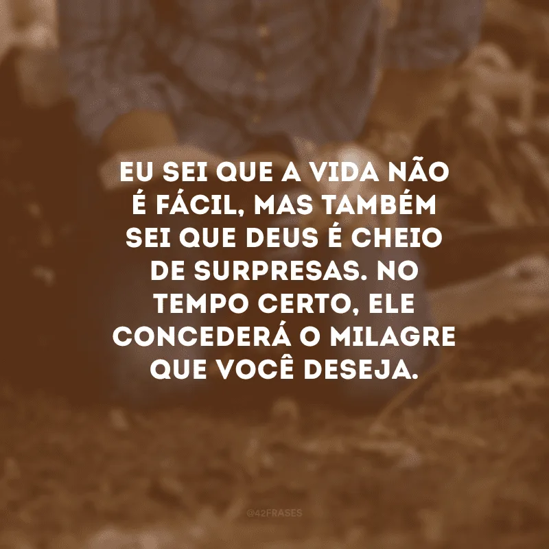 Eu sei que a vida não é fácil, mas também sei que Deus é cheio de surpresas. No tempo certo, Ele concederá o milagre que você deseja.