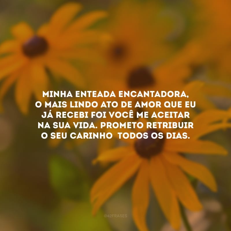 Minha enteada encantadora, o mais lindo ato de amor que eu já recebi foi você me aceitar na sua vida. Prometo retribuir o seu carinho  todos os dias.