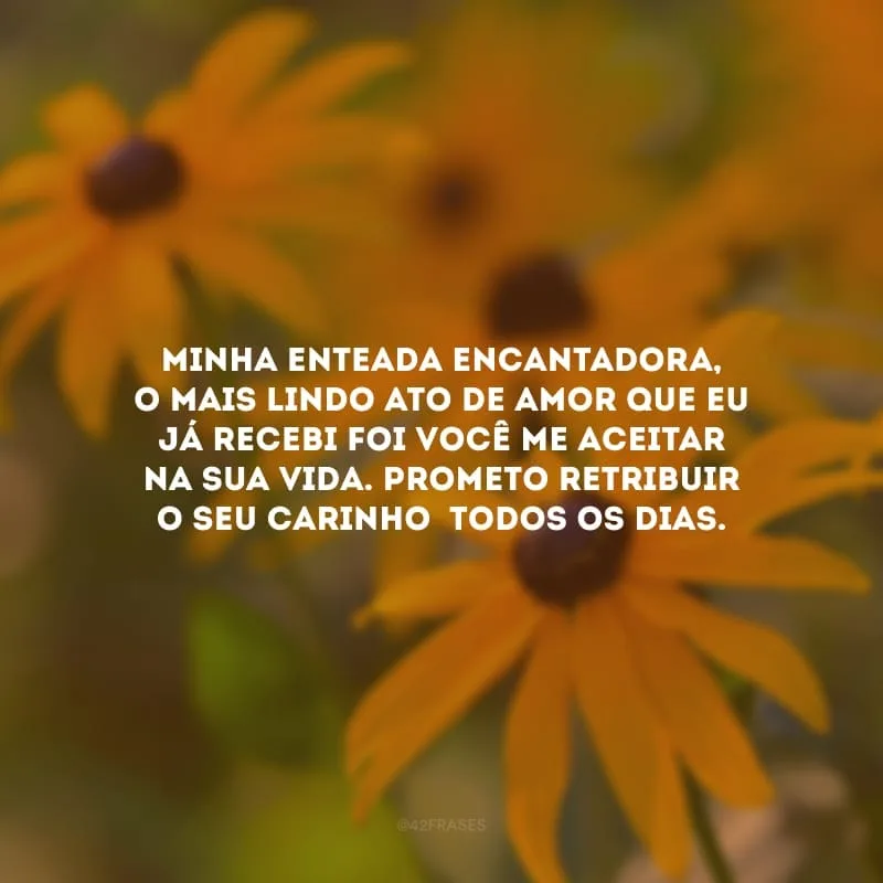 Minha enteada encantadora, o mais lindo ato de amor que eu já recebi foi você me aceitar na sua vida. Prometo retribuir o seu carinho  todos os dias.