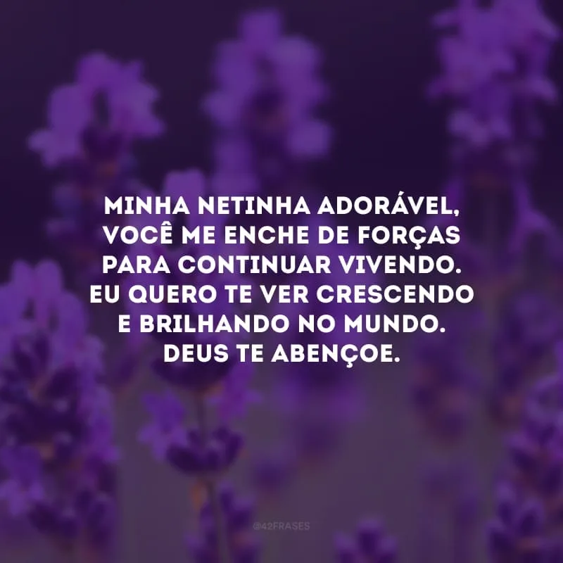 Minha netinha adorável, você me enche de forças para continuar vivendo. Eu quero te ver crescendo e brilhando no mundo. Deus te abençoe.