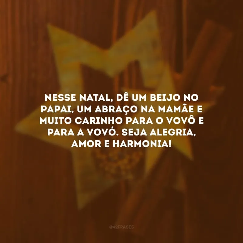 Nesse Natal, dê um beijo no papai, um abraço na mamãe e muito carinho para o vovô e para a vovó. Seja alegria, amor e harmonia!
