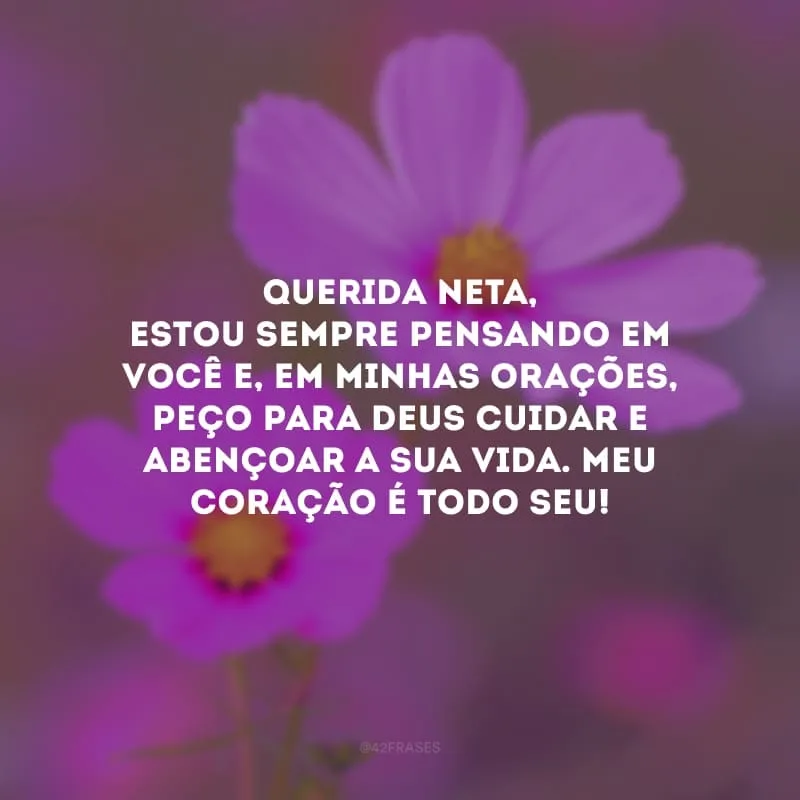 Querida neta, estou sempre pensando em você e, em minhas orações, peço para Deus cuidar e abençoar a sua vida. Meu coração é todo seu!