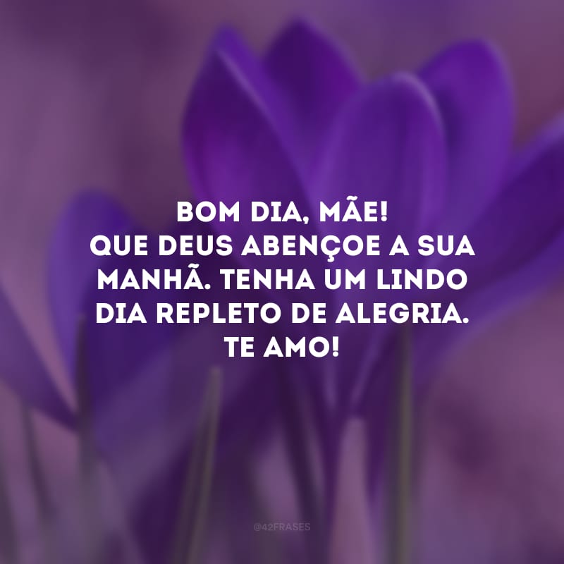Bom dia, mãe! Que Deus abençoe a sua manhã. Tenha um lindo dia repleto de alegria. Te amo!