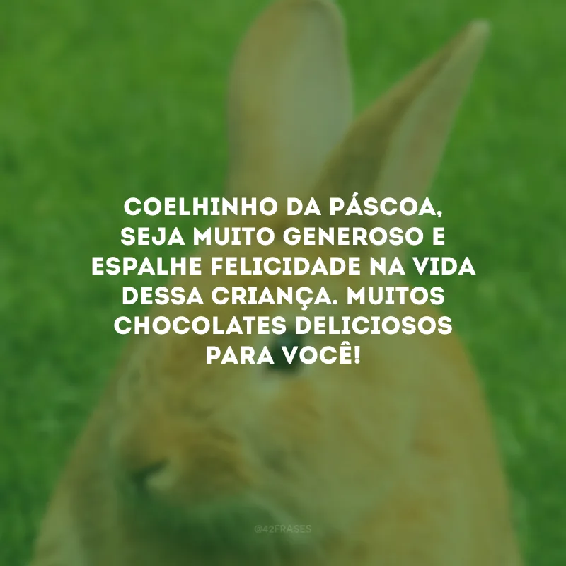 Coelhinho da Páscoa, seja muito generoso e espalhe felicidade na vida dessa criança. Muitos chocolates deliciosos para você!