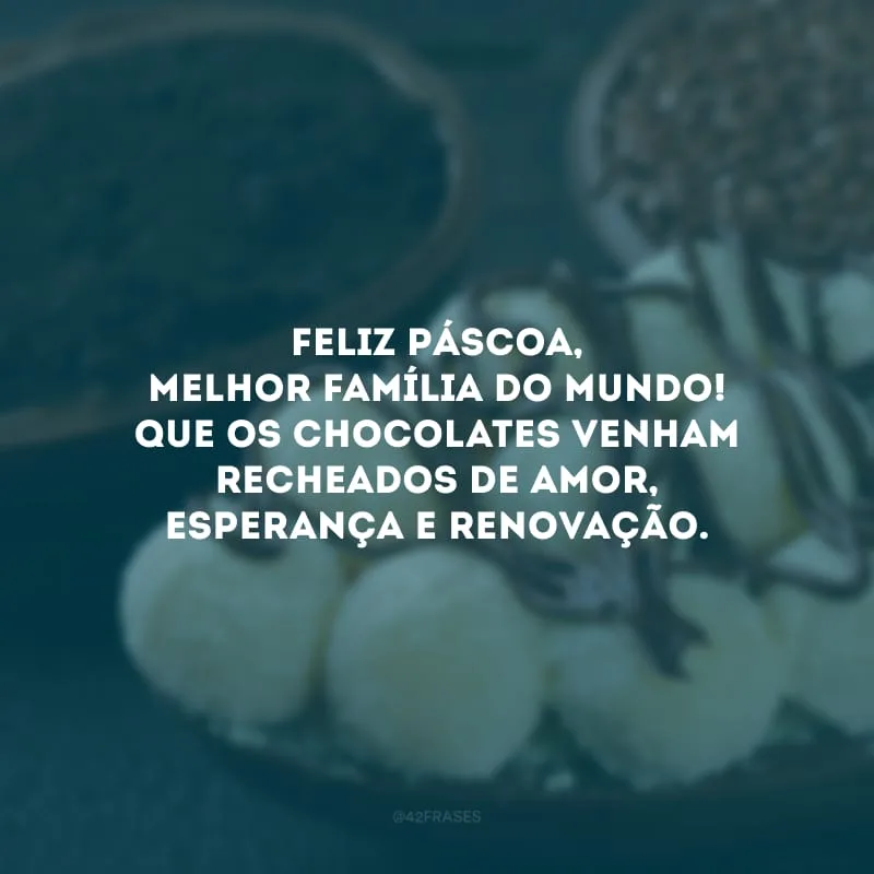 Feliz Páscoa, melhor família do mundo! Que os chocolates venham recheados de amor, esperança e renovação.