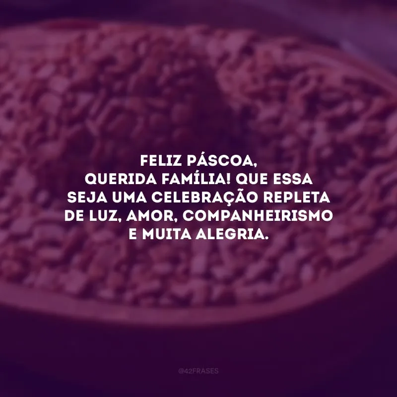 Feliz Páscoa, querida família! Que essa seja uma celebração repleta de luz, amor, companheirismo e muita alegria.