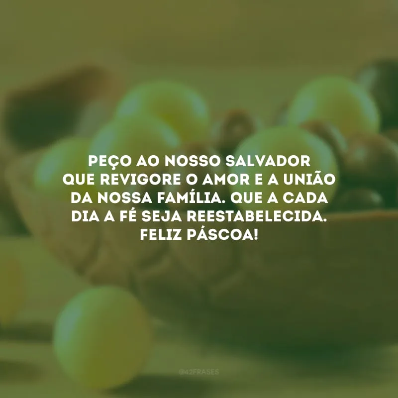 Peço ao nosso Salvador que revigore o amor e a união da nossa família. Que a cada dia a fé seja reestabelecida. Feliz Páscoa!