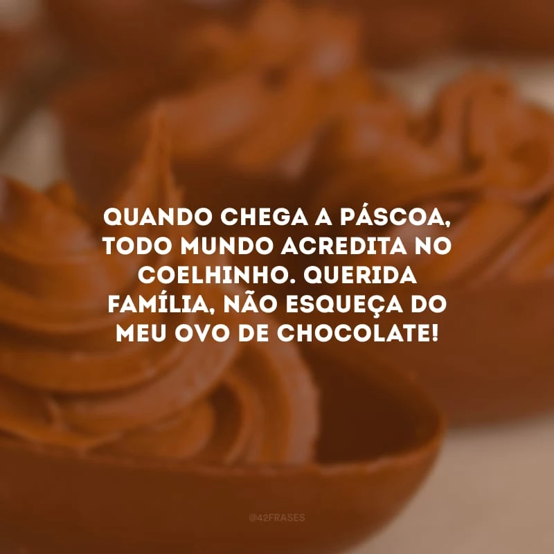 Quando chega a Páscoa, todo mundo acredita no coelhinho. Querida família, não esqueça do meu ovo de chocolate!