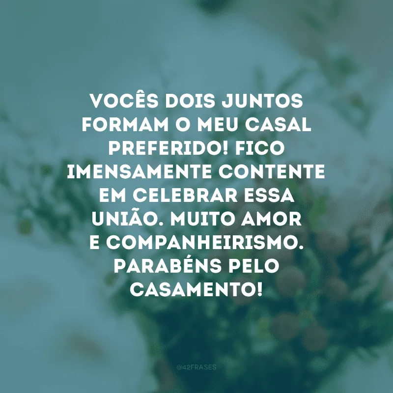 Vocês dois juntos formam o meu casal preferido! Fico imensamente contente em celebrar essa união. Muito amor e companheirismo. Parabéns pelo casamento!