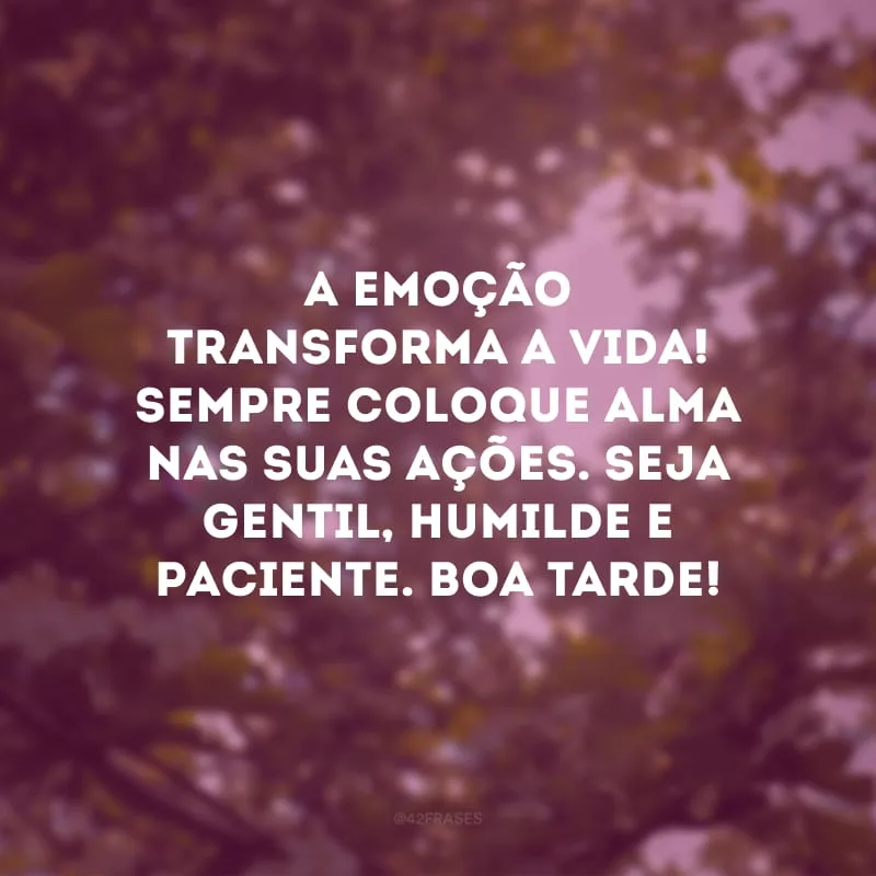 A emoção transforma a vida! Sempre coloque alma nas suas ações. Seja gentil, humilde e paciente. Boa tarde!