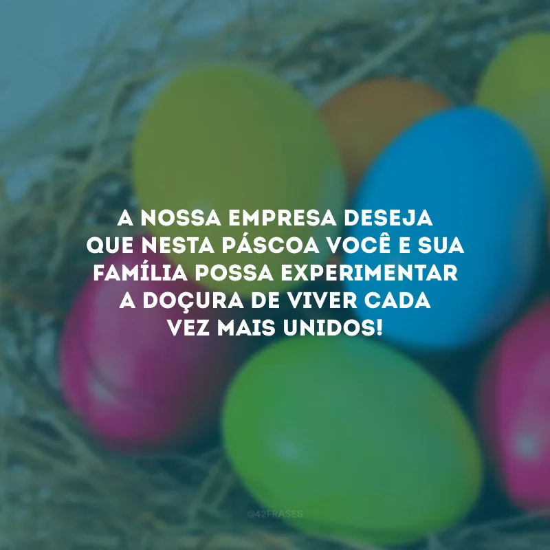 A nossa empresa deseja que nesta Páscoa você e sua família possa experimentar a doçura de viver cada vez mais unidos!