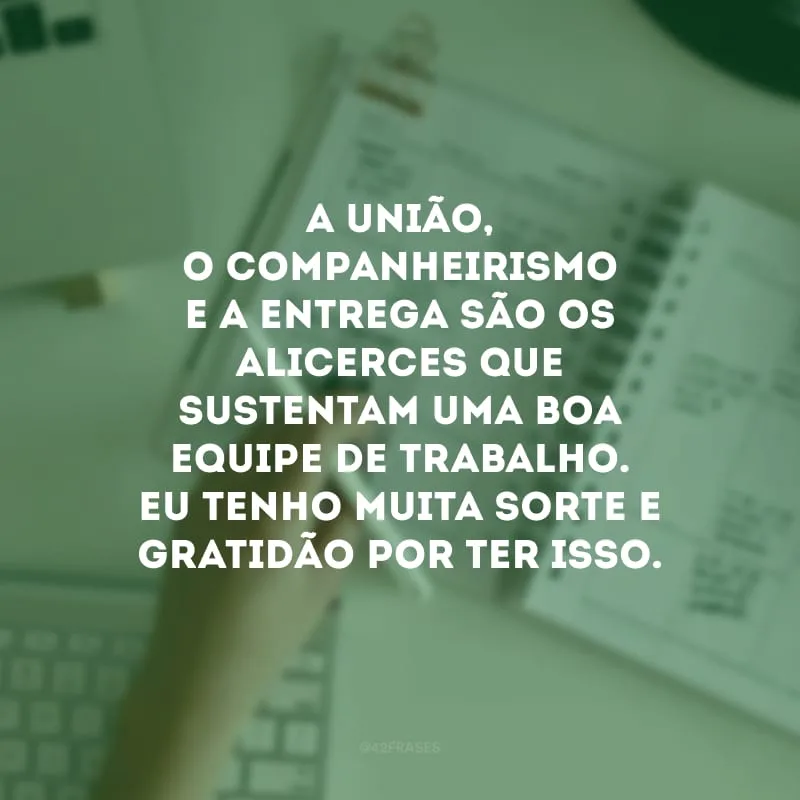 A união, o companheirismo e a entrega são os alicerces que sustentam uma boa equipe de trabalho. Eu tenho muita sorte e gratidão por ter isso.