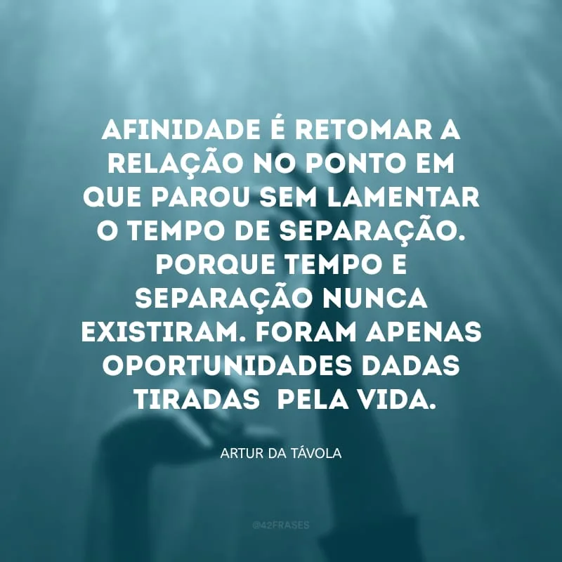 Afinidade é retomar a relação no ponto em que parou sem lamentar o tempo de separação. Porque tempo e separação nunca existiram. Foram apenas oportunidades dadas (tiradas) pela vida.
