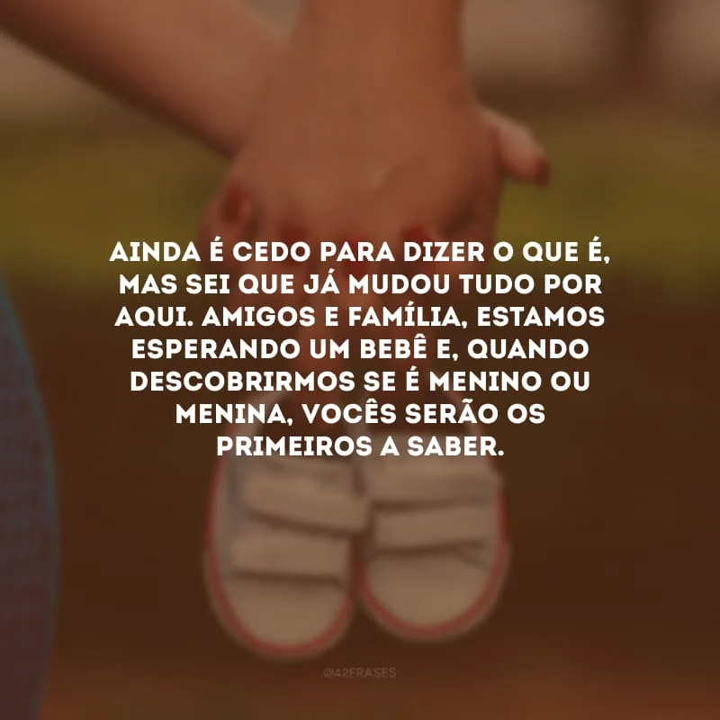 Ainda é cedo para dizer o que é, mas sei que já mudou tudo por aqui. Amigos e família, estamos esperando um bebê e, quando descobrirmos se é menino ou menina, vocês serão os primeiros a saber.