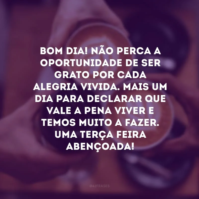 Bom dia! Não perca a oportunidade de ser grato por cada alegria vivida. Mais um dia para declarar que vale a pena viver e temos muito a fazer. Uma terça-feira abençoada!