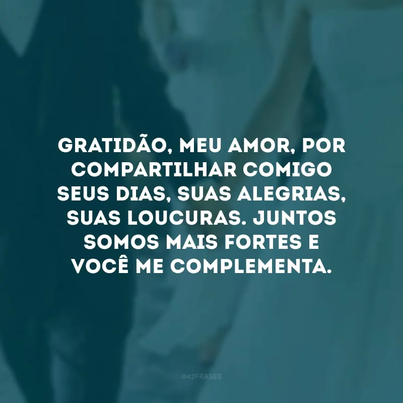 Gratidão, meu amor, por compartilhar comigo seus dias, suas alegrias, suas loucuras. Juntos somos mais fortes e você me complementa.