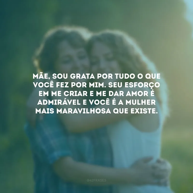 Mãe, sou grata por tudo o que você fez por mim. Seu esforço em me criar e me dar amor é admirável e você é a mulher mais maravilhosa que existe.